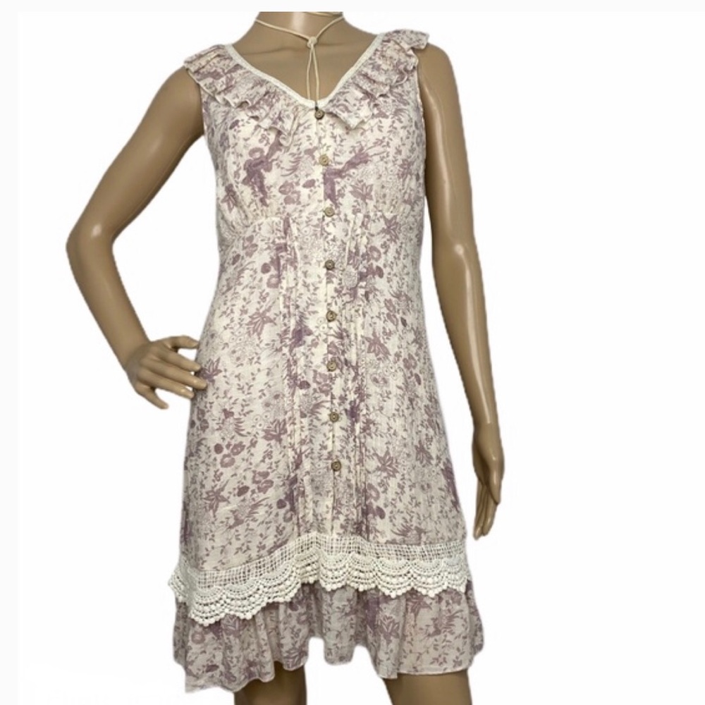 Blue Bird Boho Vibes Button Dress With Lace
